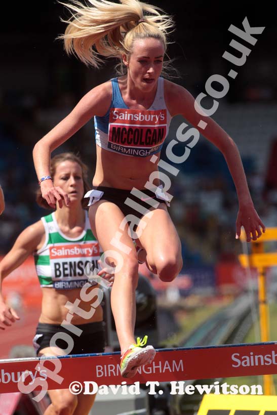 Eilish McColgan on her way to winning the 3000 metres steeplechase at the Sainsbury's British Championships, Birmingham.